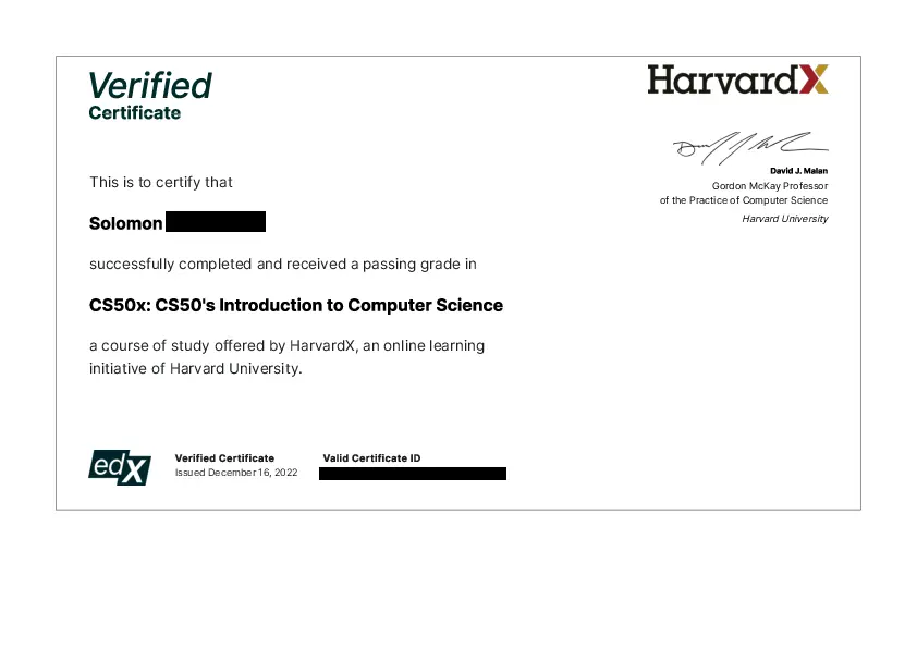 Verified CS50x Certificate