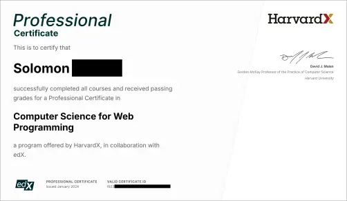 Professional Certificate - Computer Science for Web Programming